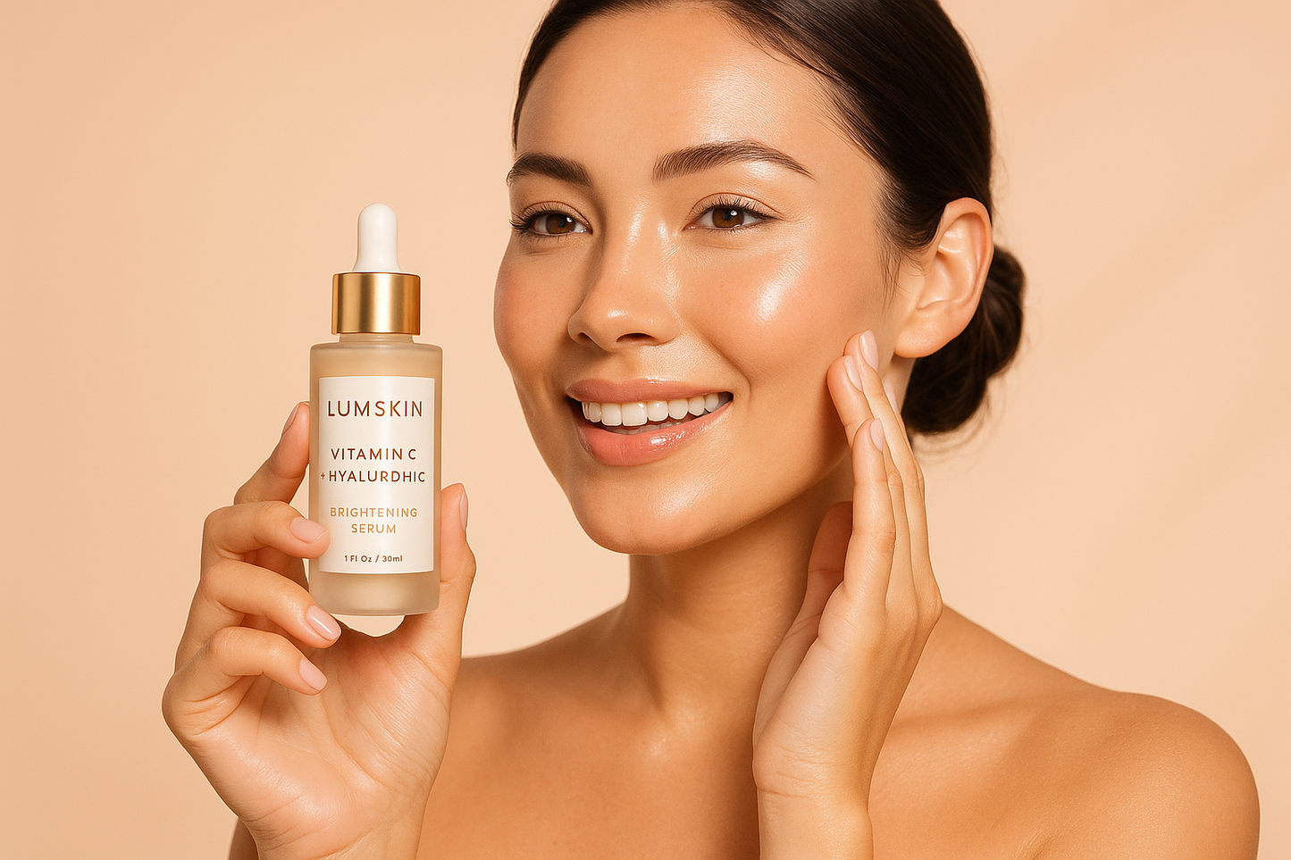 Vitamin C + Hyaluronic Brightening Serum - by Lumskin , create two image 2nd one is for girl do advertise